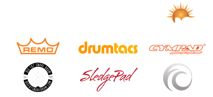 Pearl Drums, Sabian Cymbals, LosCabos Drumsticks, Remo Drumheads, Drumtacs, Cympad, Big Fat Snare Drum, Sledgepad, Fat Chance Creations